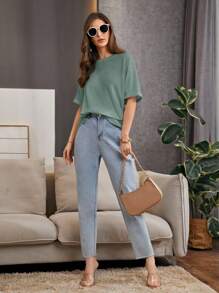SHEIN Essnce Women's Solid Color Round Neck Drop Shoulder Short Sleeve T-Shirt - Green - View 4