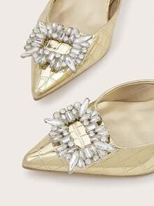 Women's Sweet Princess Style High Heels With Rhinestones, Quality Pointed Toe New Shoes (Random Stone Pattern) - Gold - View 4