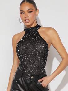 Hauture Bodycon Body Sin Mangas Con Piedras De Diamante Hotfix - Negro - Ver 3