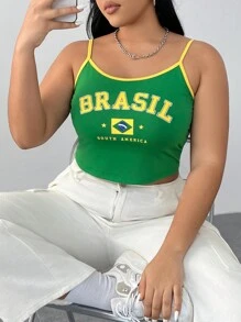 SHEIN CURVE+ Women's St Patrick Green Spring Break Plus Size Brazil Flag & Letter Pattern Cami Top - Multicolor - View 6