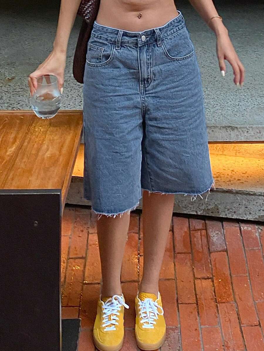 DAZY Shorts de mezclilla sueltos de unicolor de felpa para mujer, ropa de vuelta a la escuela