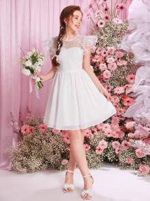 SHEIN Teen Girl Embroidered Mesh Splice Chiffon Swing Dress With V Neck Back And Short Flutter Sleeves - White - View 8