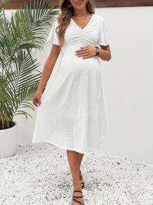 SHEIN Maternity V-Neck Flutter Sleeve Schiffy Dress - White - View 3