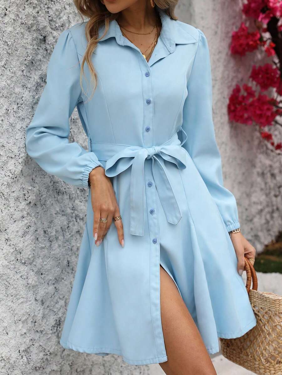 Breezaya Vestido casual de vacaciones para mujer de unicolor con botones frontales - Azul - Ver 1