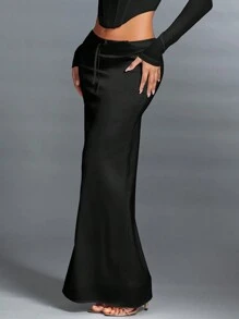 SHEIN BAE 緞面人魚款式低腰優雅長派對裙適用約會 - 黑色 - 查看 5