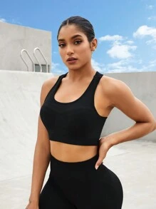 Easithlete Solid Color Round Neck Cut Out Sports Bra With Workwear Style Backless Sports Brayoga Suitblack Sports Brahigh Support Sports Bra - Black - View 6