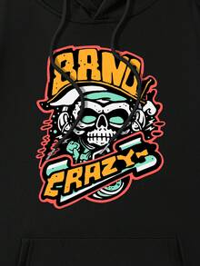 男性加大尺碼字母與骷髏印花連帽衛衣 - 黑色 - 查看 6