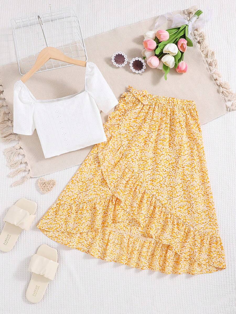 SHEIN Bộ đồ kỳ nghỉ bằng vải dệt kim Jacquard của Tween Girl và váy xòe in hoa - Màu vàng - Xem 1