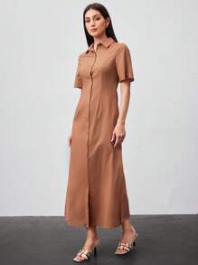 Seusyu 女士純色短袖襯衫裙 - 摩卡棕 - 查看 5