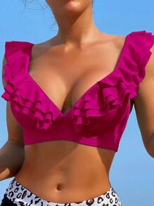 Swim Vcay Women's Solid Color Splice Ruffle Trim Bikini Top, Beach Bathing Suit Summer Beach Tops - Hot Pink - View 4