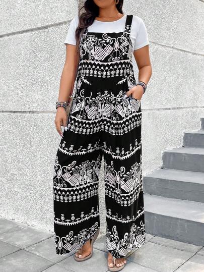 SHEIN Clasi Plus Size Printed Jumpsuit With Pockets And Straight Leg