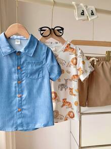 SHEIN Chemise décontractée pour garçon de style institut et T-shirt à manches courtes et imprimé animal confortable et respirant avec shorts pour la rentrée scolaire printemps-été