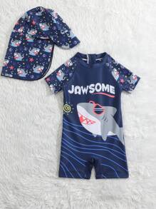 Baby Boy Shark Print One Piece Swimsuit With Swim Cap - Navy Blue - View 5