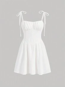 SHEIN x Marika Sila SHEIN MOD Women's White Tie Belted Bow Knot A-Line Summer White Dress Music Festival