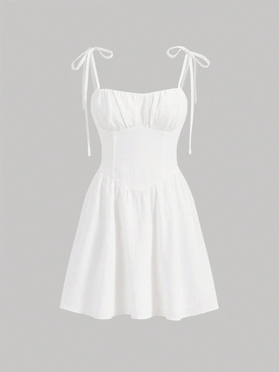 SHEIN x Marika Sila SHEIN MOD Women's White Tie Belted Bow Knot A-Line Summer White Dress Music Festival