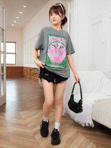 SHEIN Teen Girl Knitted Street Style Letter Print Loose Fit Long Short Sleeve T-Shirt With Round Neck