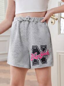 SHEIN Quần short dệt kim trơn rộng rãi cho bé gái tuổi mới lớn có thiết kế chữ - Xám - Xem 5
