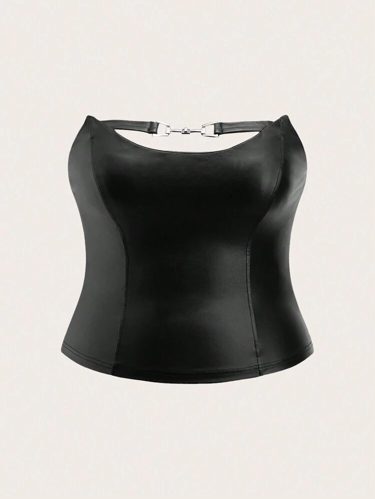 Plus Size Women's Metal Buckle Pu Leather Tube Top