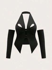 SHEIN ICON Haut d'été pour femmes grande taille, couleur unie, ajusté, col montant avec découpe sur le devant - Noir - Voir 1