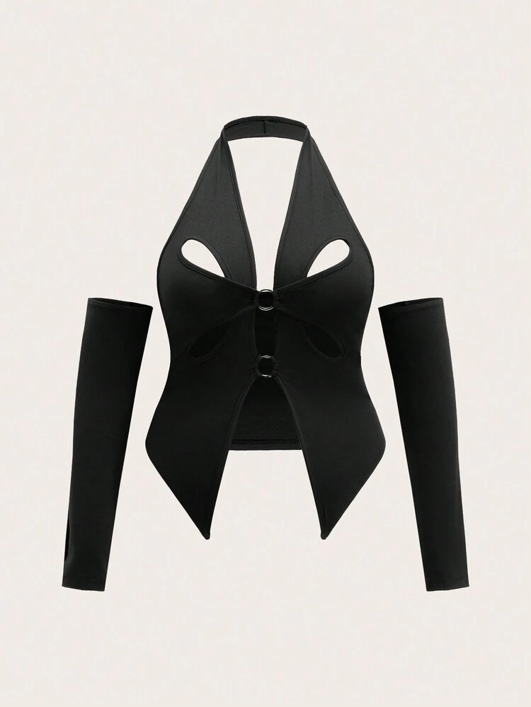 Plus Size Women's Solid Color Slim Fit Halterneck Hollow Out Top With Halter Neckline