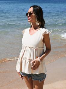 SHEIN Maternity Vacation V-Neck Ruffle Trim Blouse - Apricot - View 3