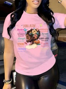 SHEIN LUNE 女士圖案短袖t恤 - 粉色 - 查看 1