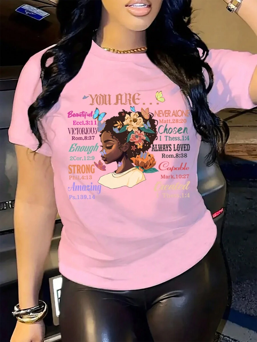 SHEIN LUNE 女士圖案短袖t恤 - 粉色 - 查看 1