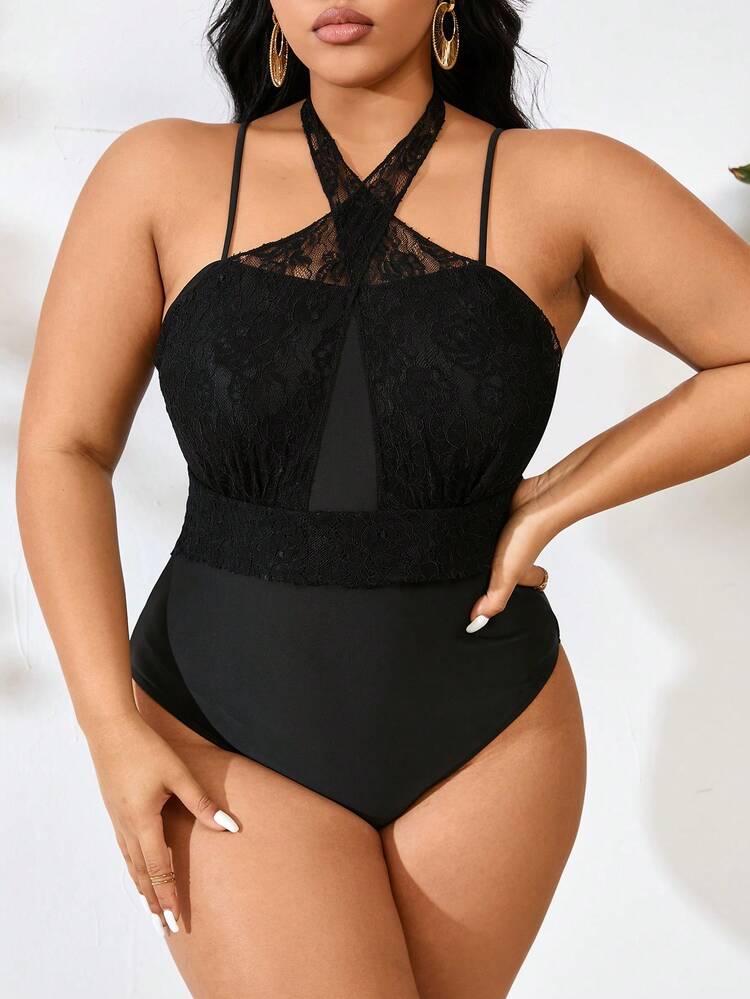 Plus Size Solid Color Lace Splicing One Piece Swimsuit Summer