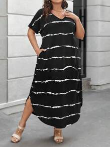 SHEIN CURVE+ 大尺碼女性用綁染雙口袋連衣裙 - 黑色 - 查看 1