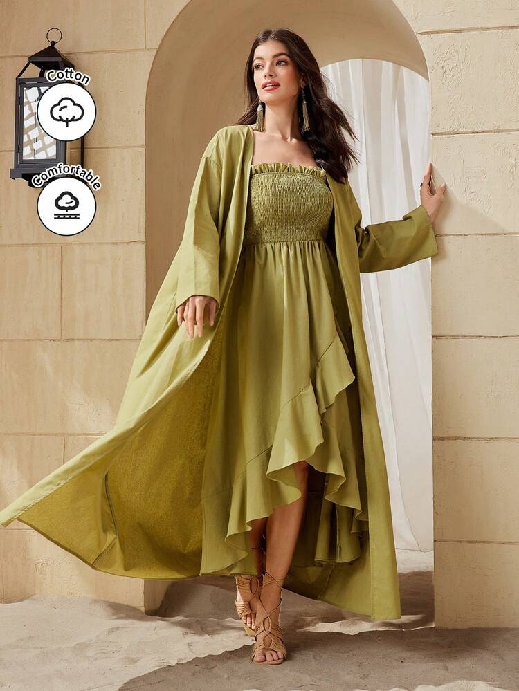 Women's Drop Shoulder Coat And Wrapped Bust Shirred Dress Two Pieces Set 2 Pieces Set