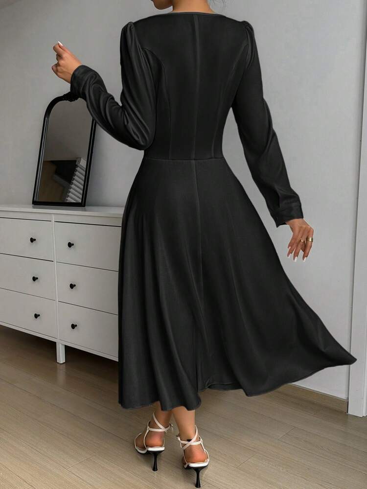 Ladies' Solid Color Asymmetric Neckline & Waist Ruffle Trim Umbrella Dress