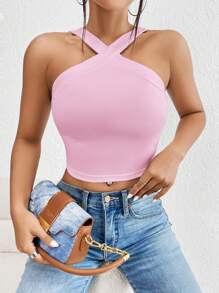 SHEIN BAE Chất rắn Có màu sắc Thon gọn Quần skinny Áo ba lỗ - Hồng - Xem 3