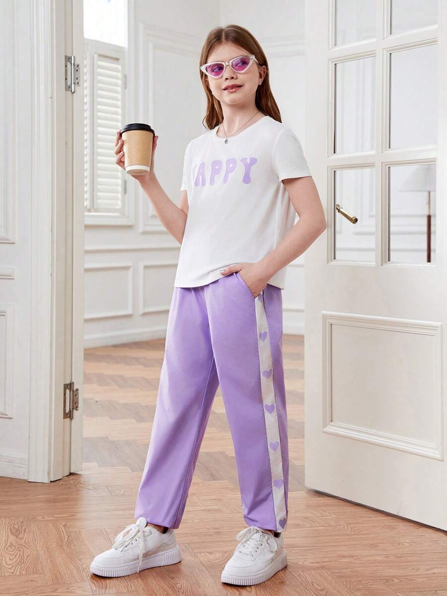 青少女字母印花圓領T恤和心形鬆身長褲套裝，帶有彈性口袋 - 彩色 - 查看 1