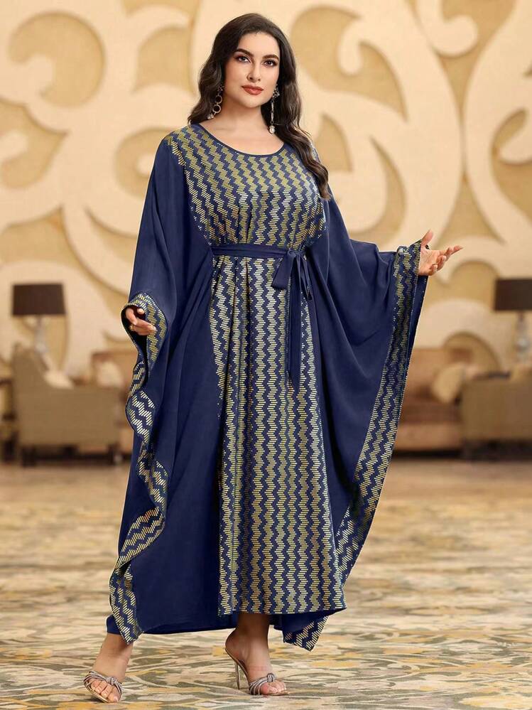 Al Najma Plus Size Printed Patchwork Batwing Sleeve Dress Kaftan Jalabiya Dress - Navy Blue - View 3