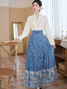 風改良版漢服馬面裙,具漢族元素 - 藍色 - 查看 6