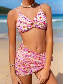 SHEIN Teen Girl Floral Print Ruffled Bikini With Knot Detail, 3pcs/Set Kids Swimming ,Kids Beachwear - Yellow - View 6