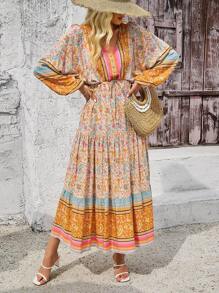 Breezaya 女士燈籠袖拼色花卉印花拼接裙 - 黃色 - 查看 5