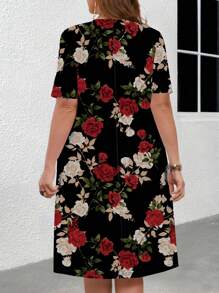 EMERY ROSE Đầm ôm tay ngắn in hoa hồng thanh lịch cỡ lớn cho nữ mùa hè - màu đen - Xem 2