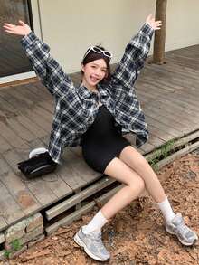 女士休闲格子落肩长袖宽松衬衫，秋季，长袖上衣 - 藍色 - 查看 3