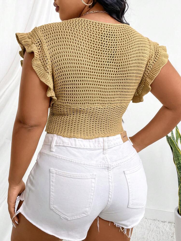 Plus Size Solid Color Short Cut Knit Top With Ruffle Hem