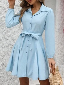 Breezaya Vestido casual de vacaciones para mujer de unicolor con botones frontales - Azul - Ver 4