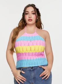 SHEIN Qutie 大码蓝色、粉色、黄色拼色吊带针织上衣 - 彩色 - 查看 1