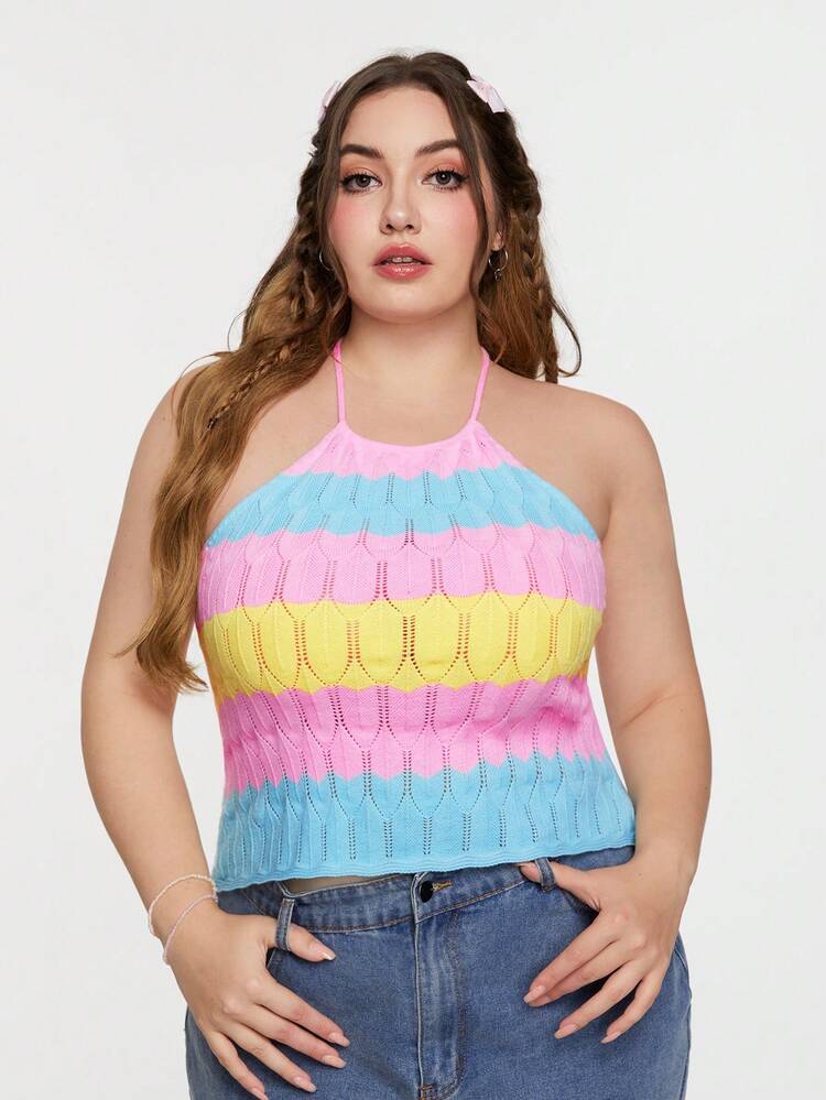 Plus Size Blue, Pink, Yellow Color Block Halter Knitted Top