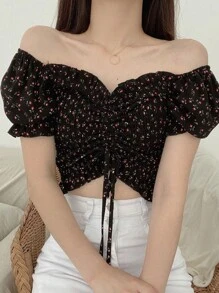 DAZY In hoa Off-shoulder Dây rút Áo sơ mi - Đỏ - Xem 1
