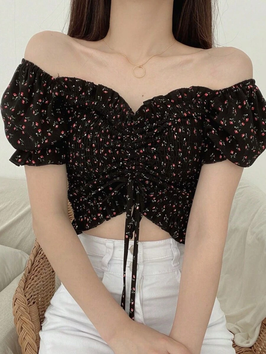 DAZY Floral Print Off-Shoulder Drawstring Blouse - Red - View 1