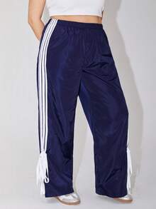 SHEIN Qutie 大碼條紋拼接側開叉蝴蝶結裝飾可愛運動休閒長褲 - 藏蓝色 - 查看 4