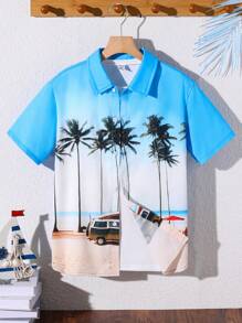 SHEIN 少年男孩椰樹與海灘假期印花翻領短袖織襯衫 - 彩色 - 查看 1