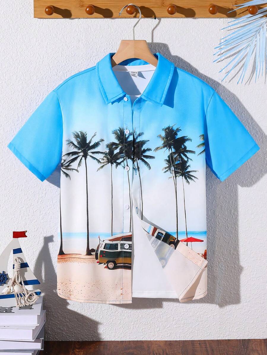 SHEIN 少年男孩椰樹與海灘假期印花翻領短袖織襯衫 - 彩色 - 查看 1