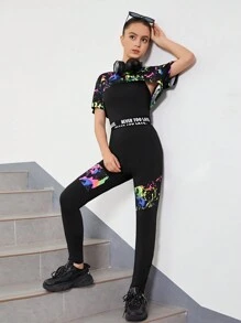 SHEIN Leap Crew 3入組少女彩色噴墨短袖上衣、字母肩帶背心、長褲 - 彩色 - 查看 5