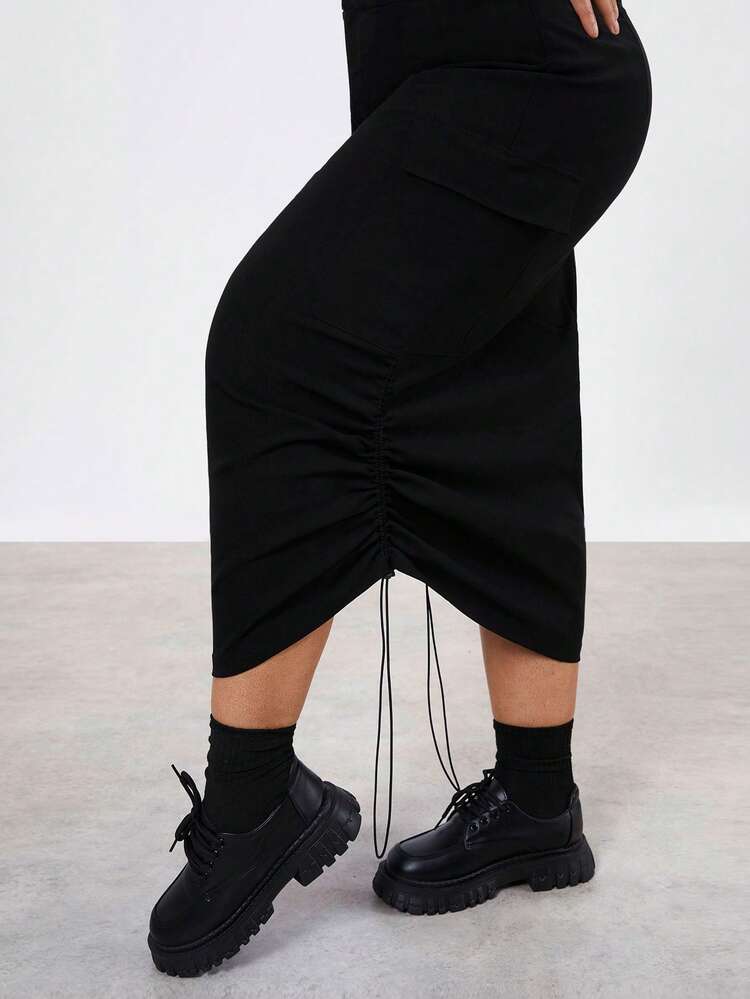 Plus Size Flap Pocket Drawstring Pleated Skirt